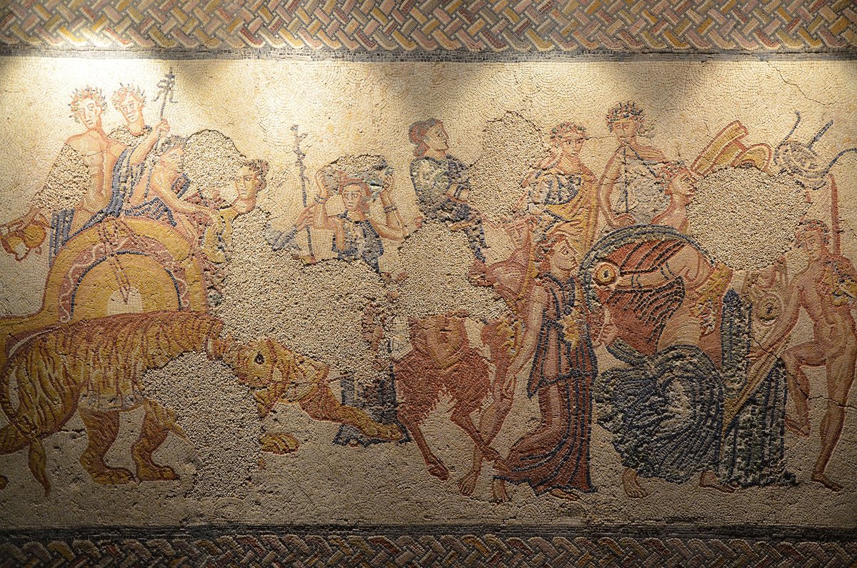 Mosaic panel depiciting the Triumph of Bacchus, from the Villa Torre de Palma near Monforte, 3rd-4th century AD, National Archaeology Museum of Lisbon, Portugal (12973986513).jpg